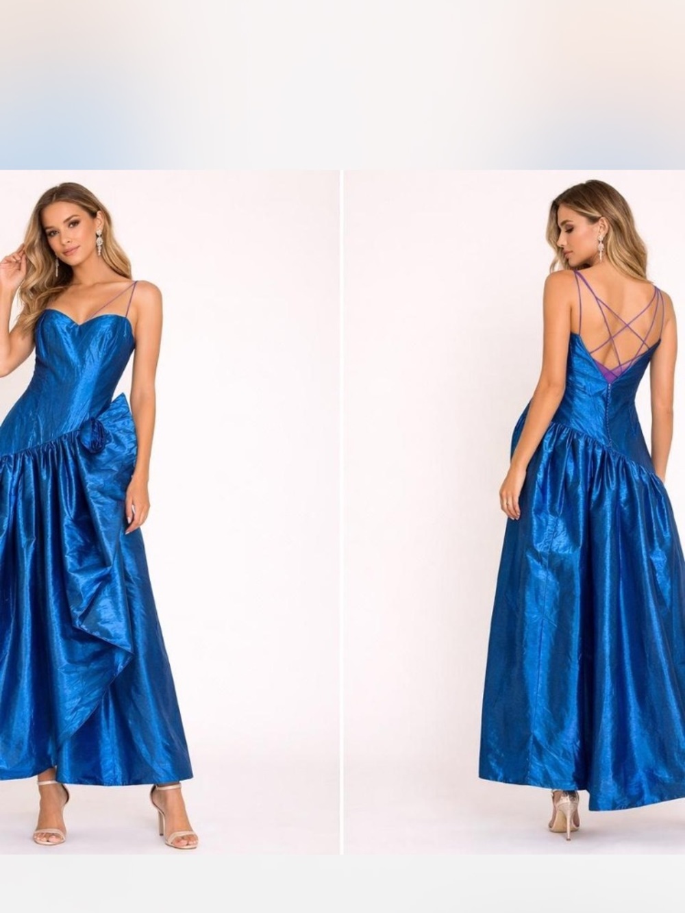 Vintage 1980s Metallic Blue Prom Dress Fairycore Princess Gown M